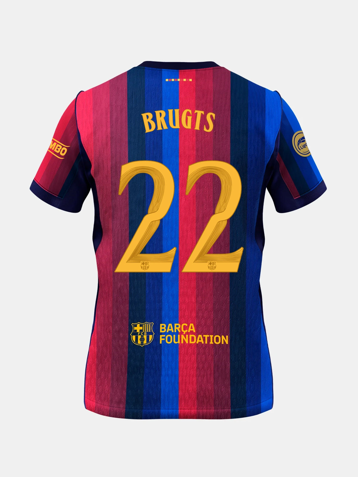 Vue de dos d’un maillot du FC Barcelona à rayures verticales blau et grenat, BRUGTS au-dessus du numéro 22 et logo Barça Foundation près de l’ourlet