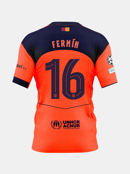 Back view of an orange and navy FC Barcelona jersey featuring the name Fermín and number 16, with UNHCR ACNUR sponsor logo.