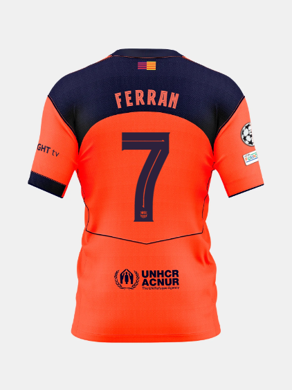 Back view of an orange and navy FC Barcelona jersey featuring the name Ferran and number 7, with UNHCR ACNUR sponsor logo.