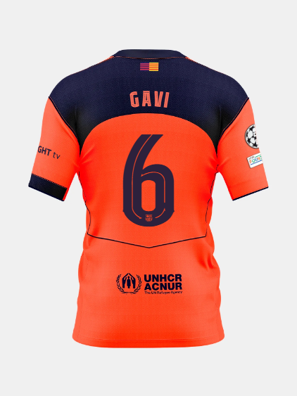 Back view of an orange and navy FC Barcelona jersey featuring the name Gavi and number 6, with UNHCR ACNUR sponsor logo.