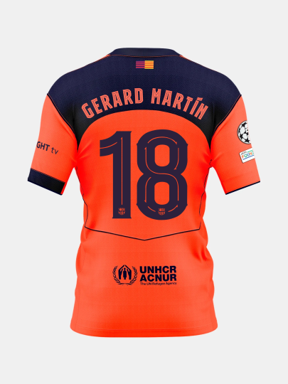 Orange and navy FC Barcelona jersey with player name Gerard Martín and number 18 on the back, featuring UNHCR logo at the bottom