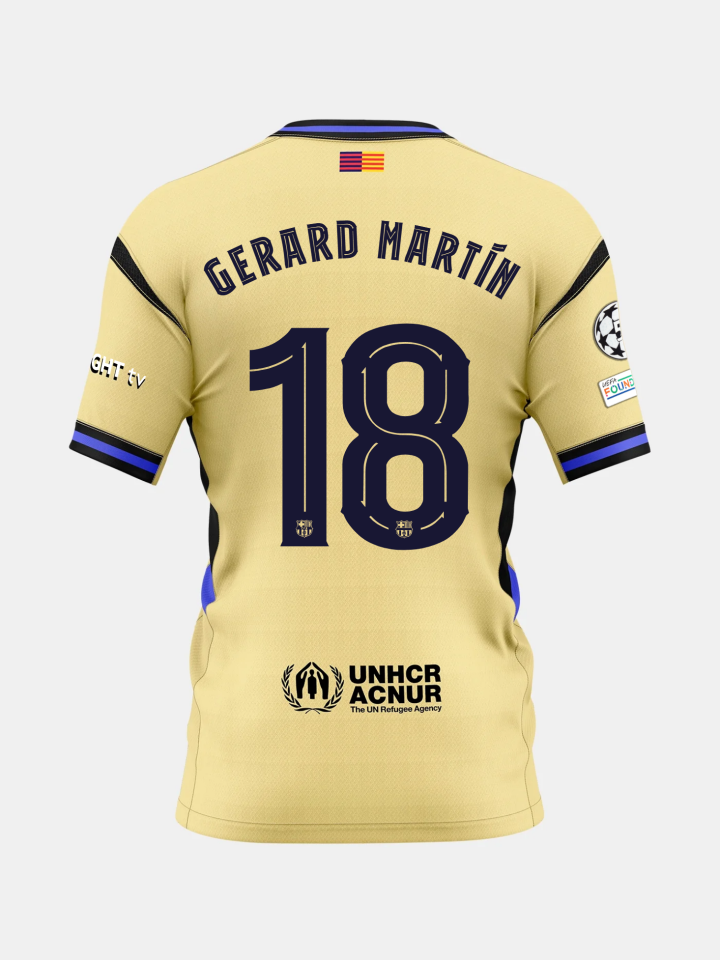 Gold FC Barcelona jersey with player name Gerard Martín and number 18 on the back, featuring UNHCR logo at the bottom