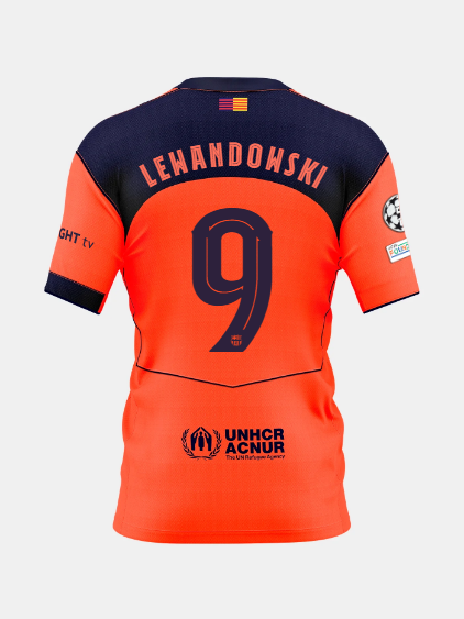 Back view of an orange and navy FC Barcelona jersey featuring the name Lewandowski and number 9, with UNHCR ACNUR sponsor logo.