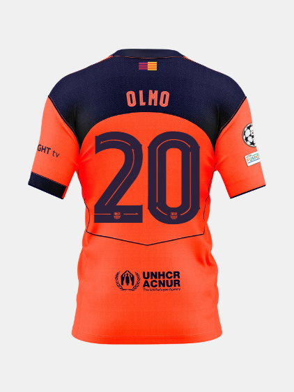 Back view of an orange and navy FC Barcelona jersey featuring the name Olmo and number 20 , with UNHCR ACNUR sponsor logo.