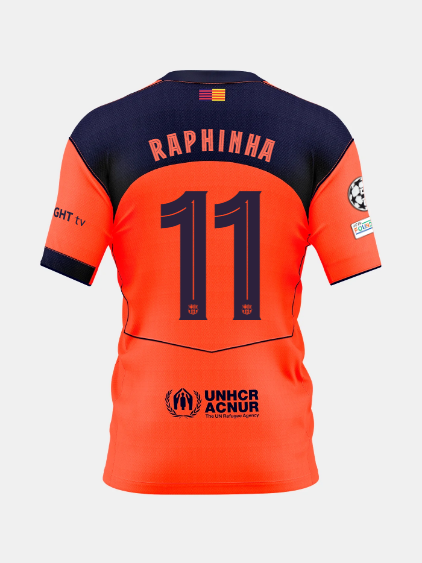 Back view of an orange and navy FC Barcelona jersey featuring the name Raphinha  and number 11, with UNHCR ACNUR sponsor logo.