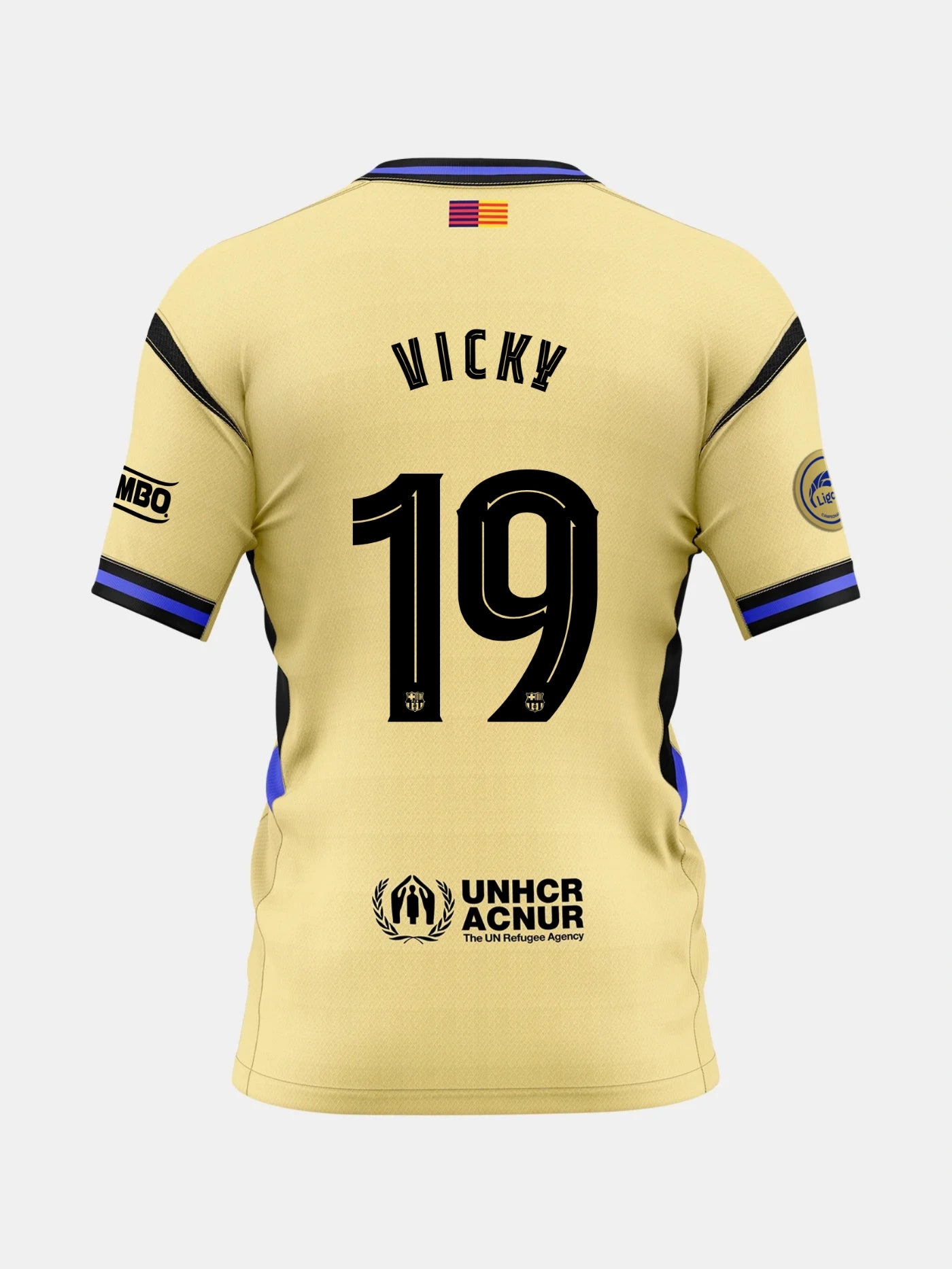 Back view of a gold FC Barcelona jersey with the name Vicky and number 19, featuring UNHCR logo and Liga F patches