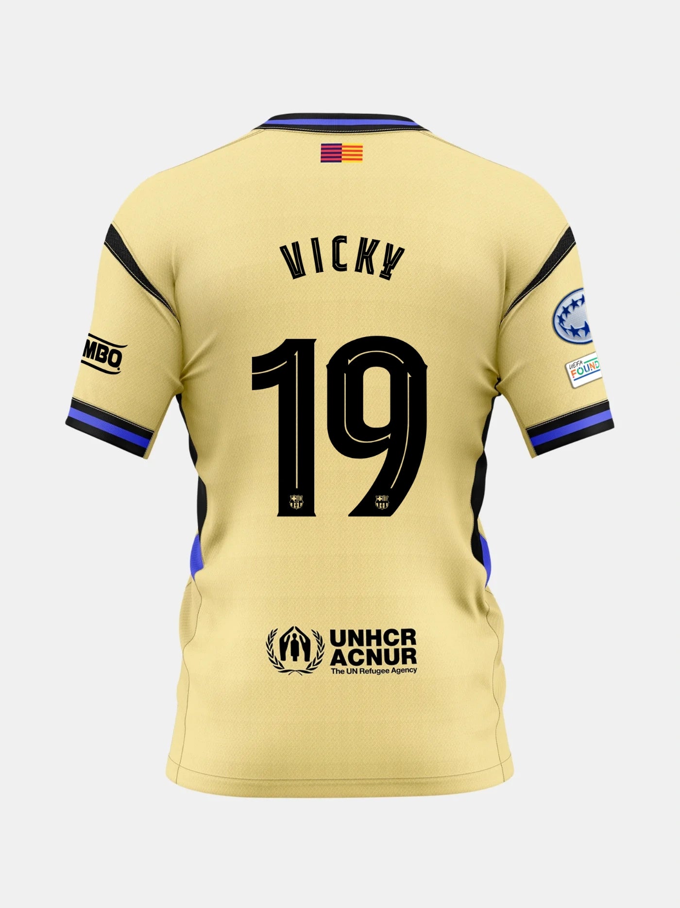 Back view of a gold FC Barcelona jersey with the name Vicky and number 19, featuring UNHCR logo and UCWL League patches