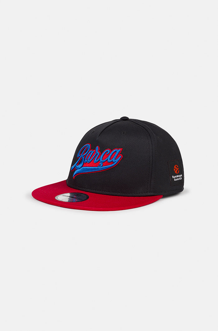 Black and red flat-brim cap with 'Barça' embroidered in blue and red script on the front, featuring the EuroLeague Basketball logo on the side