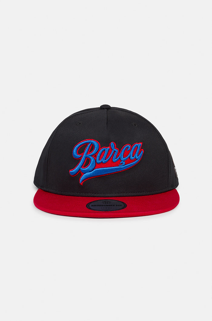 Black and red flat-brim cap with 'Barça' embroidered in blue and red script on the front, featuring the EuroLeague Basketball logo on the side