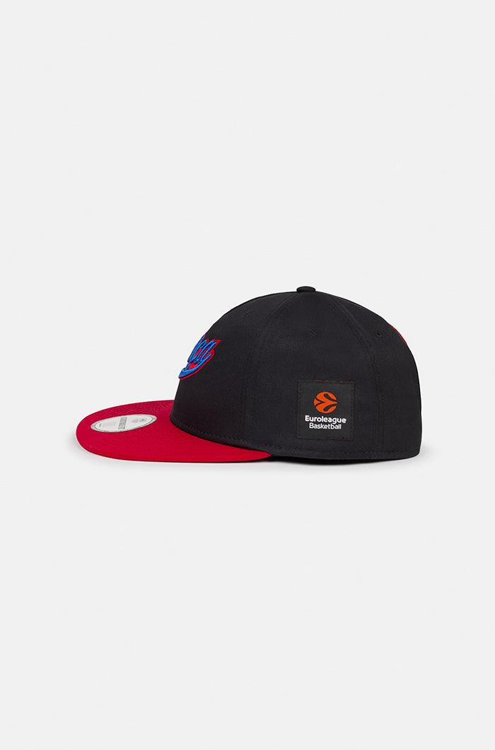 Black and red flat-brim cap with 'Barça' embroidered in blue and red script on the front, featuring the EuroLeague Basketball logo on the side
