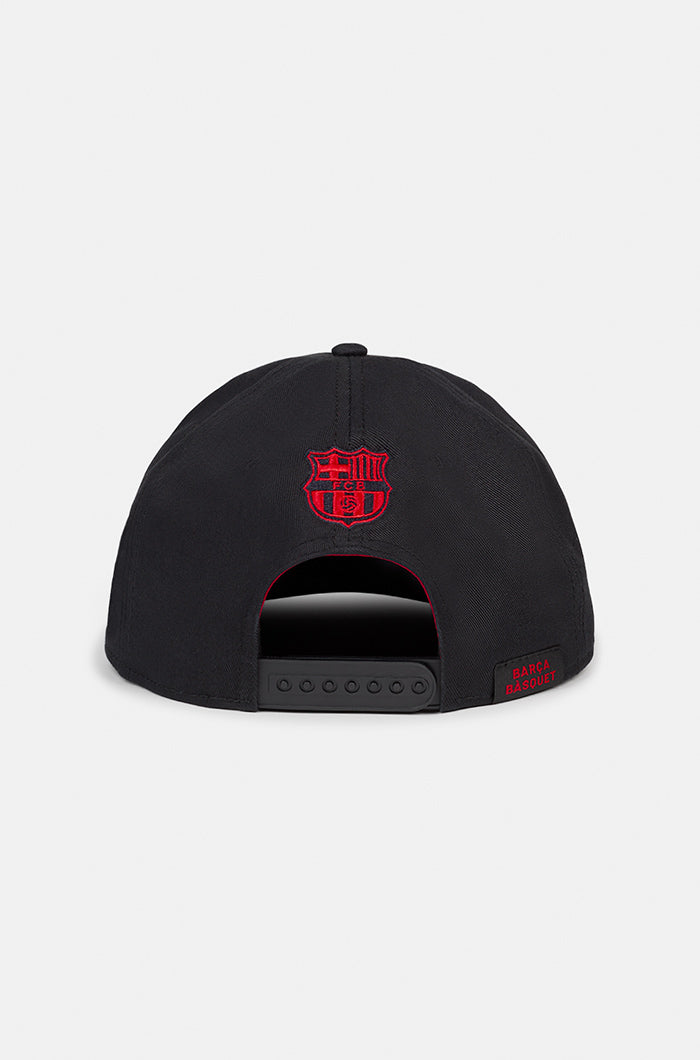 Black and red flat-brim cap with 'Barça' embroidered in blue and red script on the front, featuring the EuroLeague Basketball logo on the side