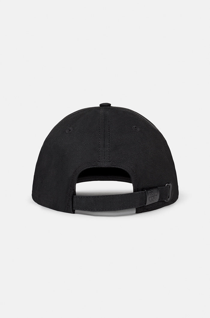 Black FC Barcelona baseball cap with a matte black crest patch on the front and the word "BARÇA" embroidered on the side, featuring a curved brim and structured fit.