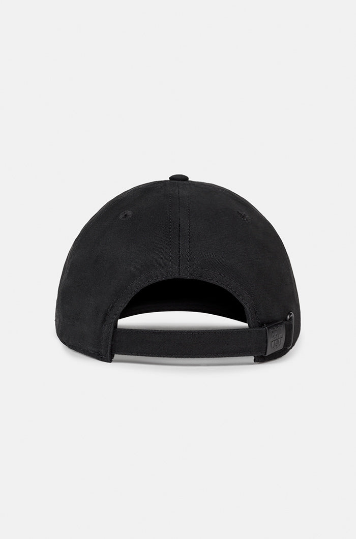 Black FC Barcelona baseball cap with a monochrome embroidered crest on the front panel and the word "BARÇA" stitched on the side