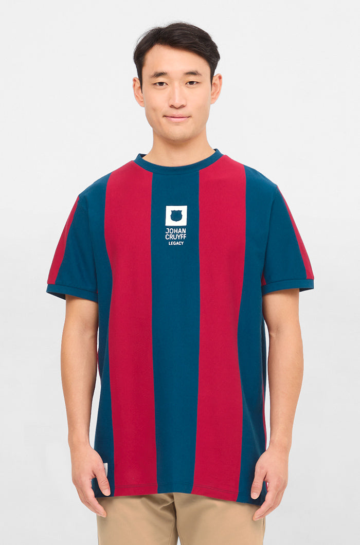 Retro-style FC Barcelona T-shirt with classic vertical blue and red stripes and a large white number 9 printed on the back.