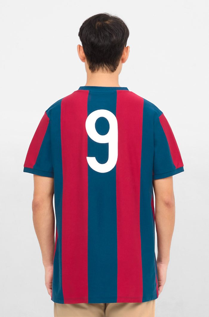Retro-style FC Barcelona T-shirt with classic vertical blue and red stripes and a large white number 9 printed on the back.