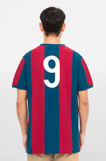 Retro-style FC Barcelona T-shirt with classic vertical blue and red stripes and a large white number 9 printed on the back.