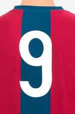 Retro-style FC Barcelona T-shirt with classic vertical blue and red stripes and a large white number 9 printed on the back.