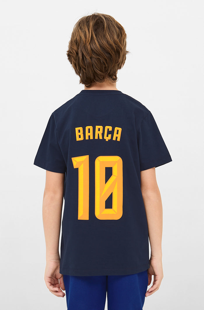  navy FC Barcelona jersey with 'BARÇA' text and the number 10 printed in bold yellow.