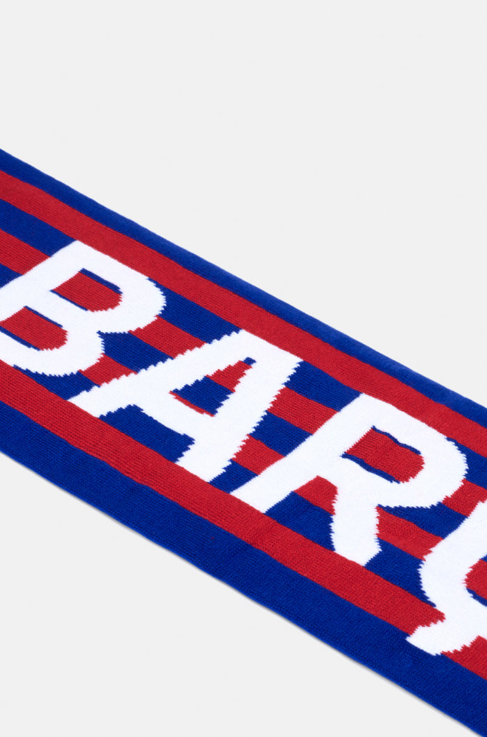 Double-sided FC Barcelona scarf with blue and red vertical stripes, featuring the club crest and the words 'FC BARCELONA' on one side and 'BARÇA' with '1899' on the other.