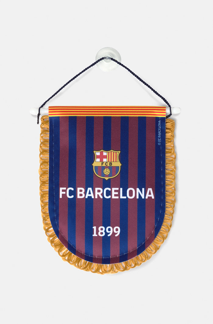 FC Barcelona hanging pennant with blue and red vertical stripes, featuring the club crest, 'FC BARCELONA' text, and the year '1899' in white