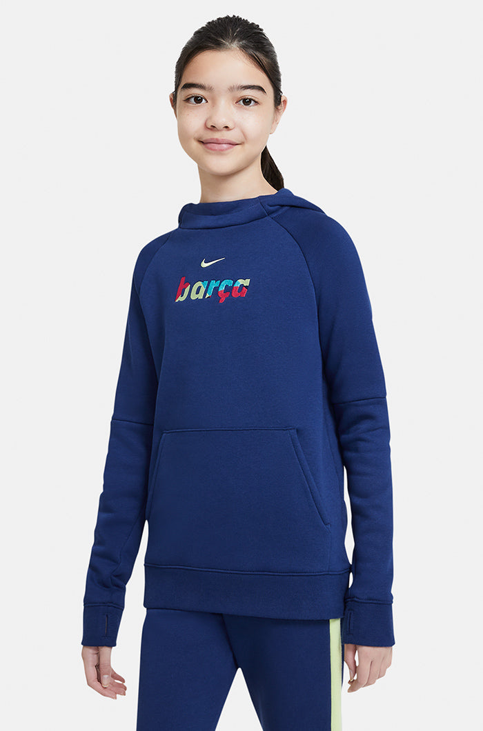 Blue sweatshirt with “Barça” hood – Junior