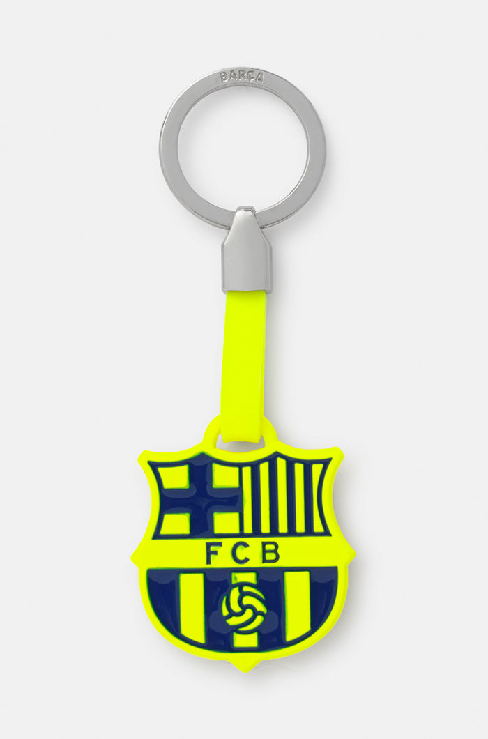 Keychain featuring a neon yellow and navy blue FC Barcelona crest with a matching neon strap and metallic ring