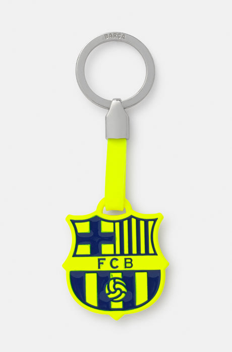 Keychain featuring a neon yellow and navy blue FC Barcelona crest with a matching neon strap and metallic ring