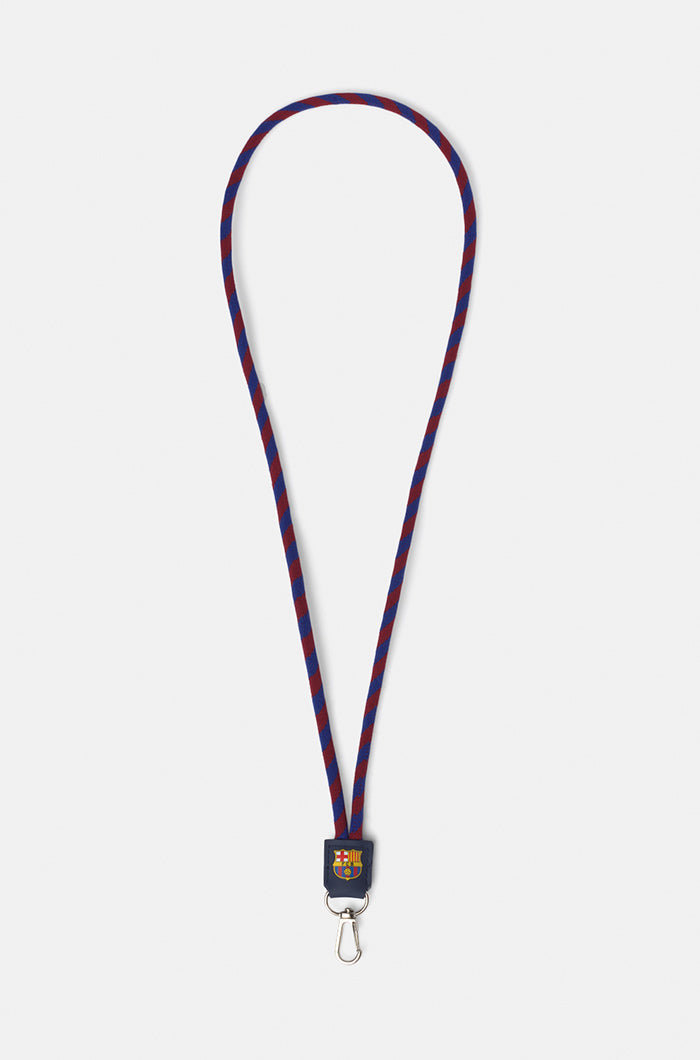 FC Barcelona lanyard in blue and garnet stripes, featuring the club's crest on the badge holder and a metal clip at the end.